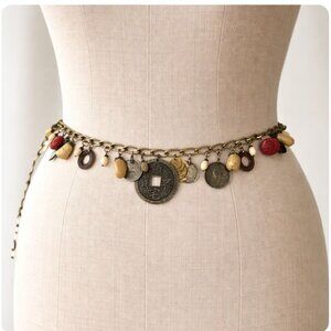 Vintage Indian belly dancer belt Old Coins Ivory beads & Flowers XL chain belt